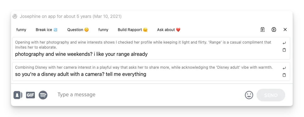 Botly v2 panel in a Tinder chat showing two AI reply suggestions with reasoning and tone options